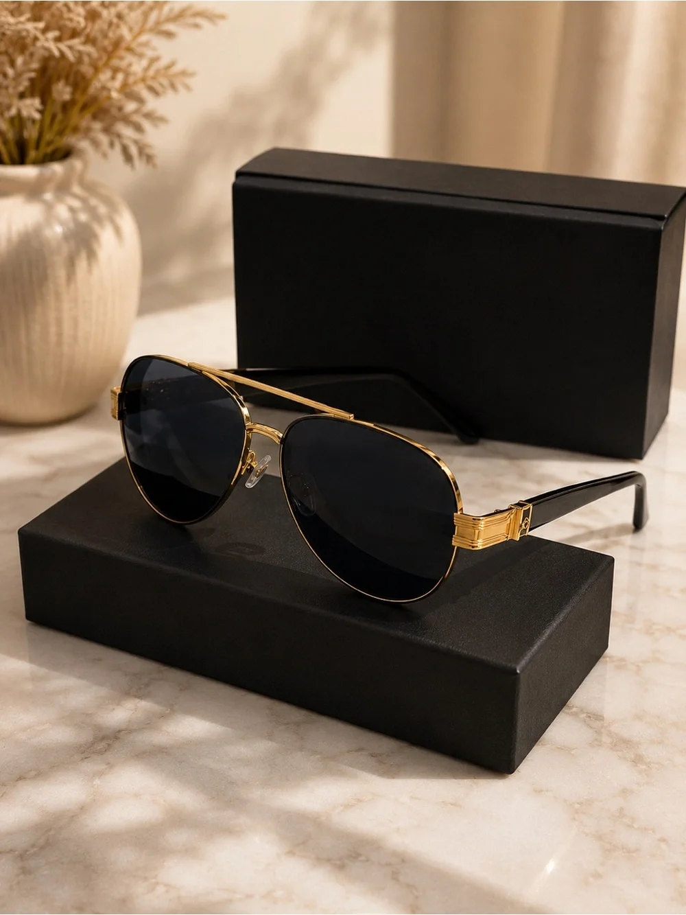 Gold Frame Black Lens Aviator Sunglasses